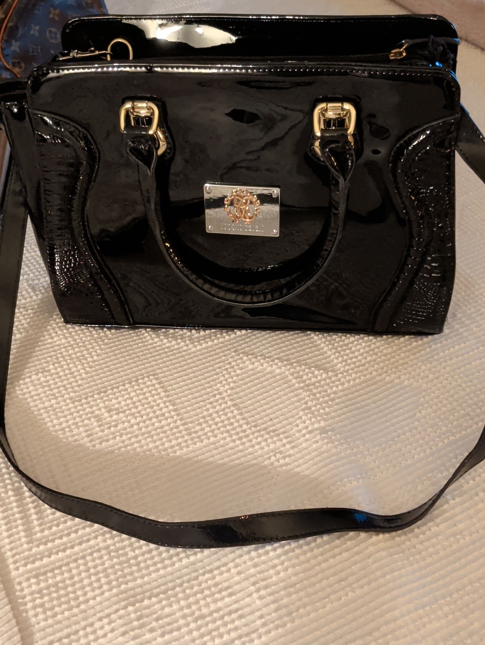 Roberto cavalli Black Patent Satchel Handbag/ Briefcase with Gold Hardware